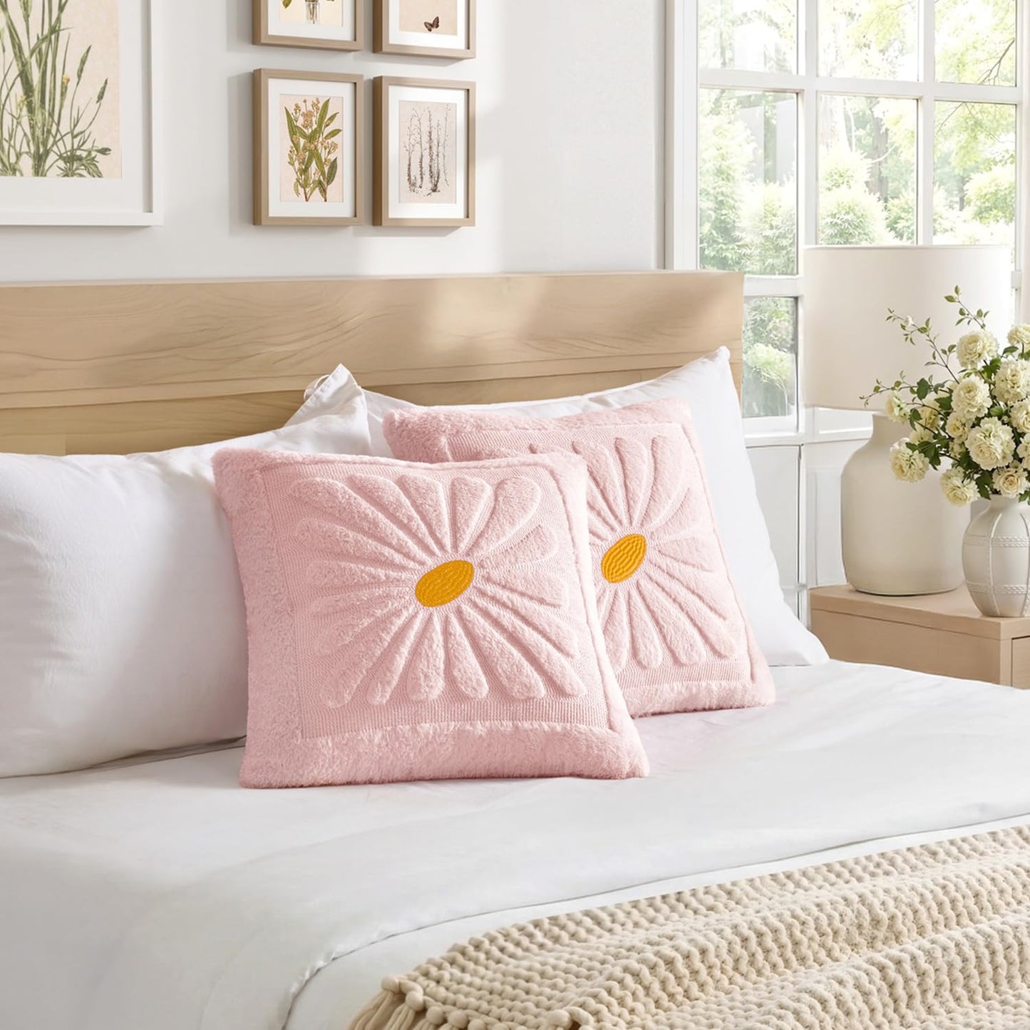 EMEMA Set of 2 Spring Summer Sunflower Floral Pillow Covers, Plush Faux Fur Decorative 18x18 Cushion Cases Adding a Soft, Bright Seasonal Accent to Sofa Couch Bed Modern Farmhouse Living Room, Pink