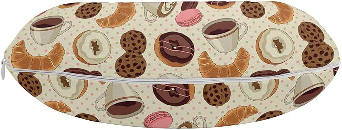 Ambesonne Dessert Travel Pillow Neck Rest, Patisserie Theme Pattern Chocolate Coated Donut Cookie Latte Croissant, Memory Foam Traveling Accessory for Airplane and Car, 12", Pink Brown