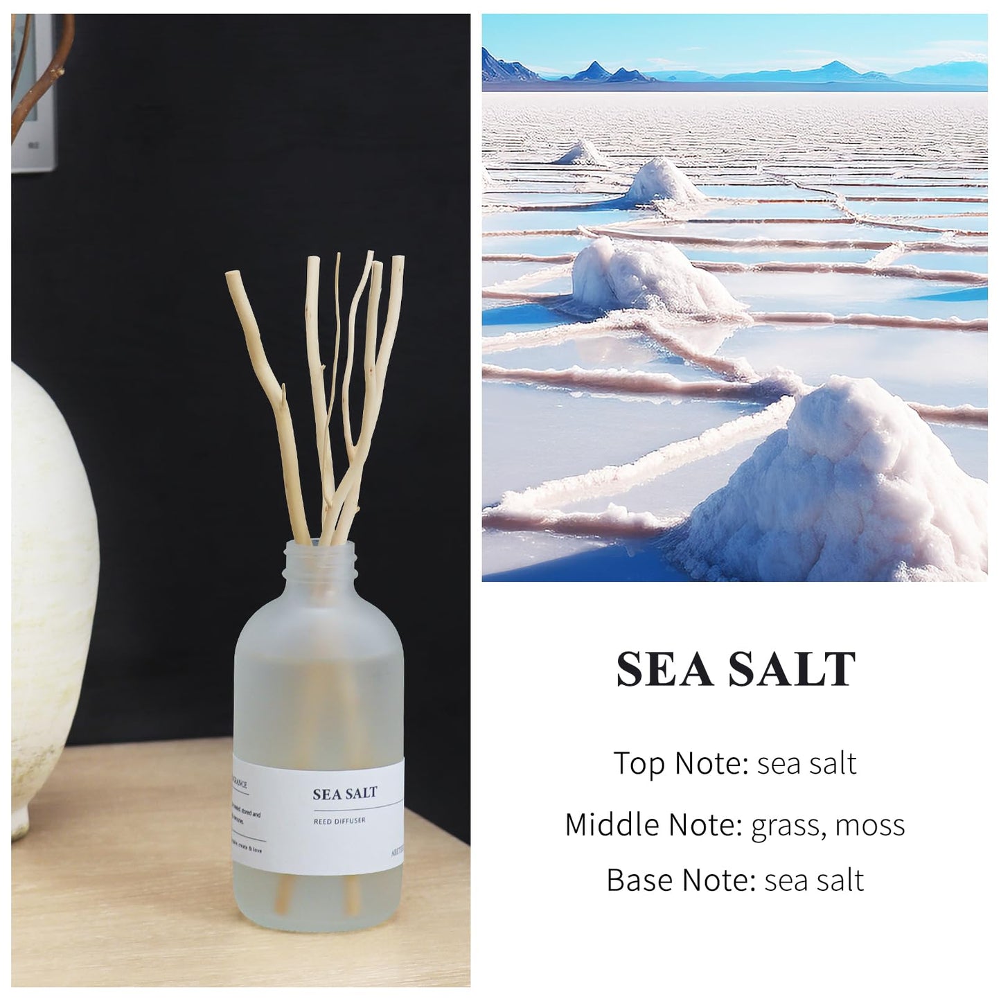 Aeeteek Sea Salt Reed Diffuser Set of 2-14.8 oz(220mlx2) Sea Salt Musk and Grass Essential Oils, Bathroom Air Freshener with Willow Branches Decor, Long Lasting Fragrance for Home, Office