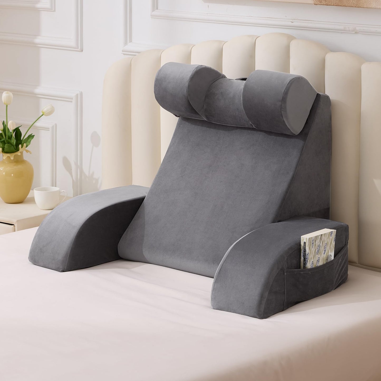 Velorose Reading Pillow for Sitting in Bed Adult, Back Pillow for Bed Sitting up, Backrest Pillow with Arms, Back Support Pillows for Gaming Lounging Watching TV, Large 21" Grey