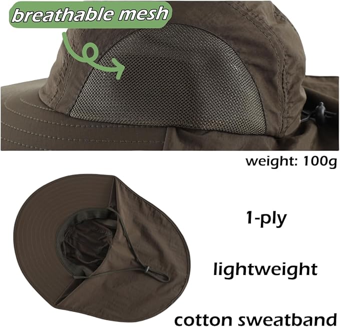 LLmoway Wide Brim Sun Hat with Neck Flap for Men Women Summer Outdoor UV Protection Breathable Fishing Hats with Strap