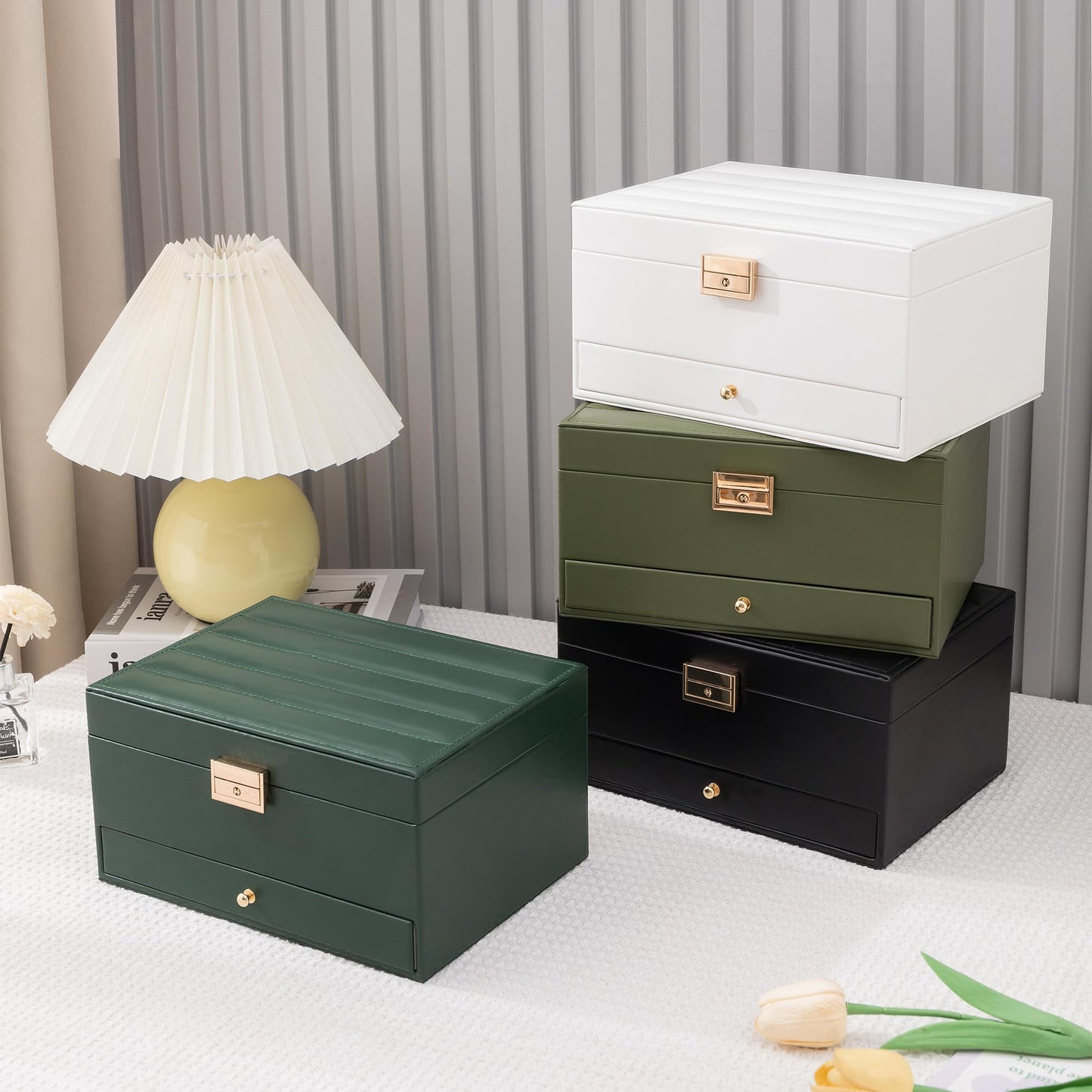 Jewelry Organizer Box, Jewelry Box Organizers for Women Girls, 3 Layers Large Leather Jewels Storage Case for Earring, Rings, Necklaces Bracelets, Big and Small Jewellery, Watch, Gift (OliveGreen)