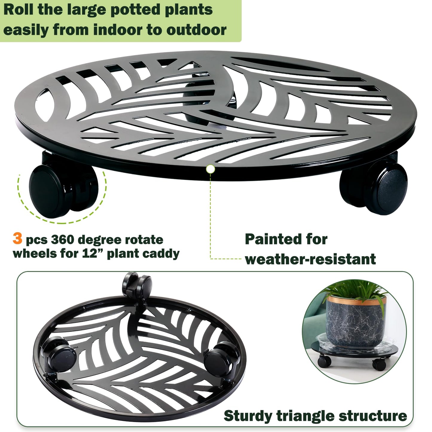 4 Packs Large Metal Plant Caddy with 3 PU Wheels 12" Heavy-Duty Wrought Iron Rolling Plant Stands Indoor Outdoor Wheeled Plant Dolly Planter Mover Rollers Plant Trolley Cart, Plant Saucers Included