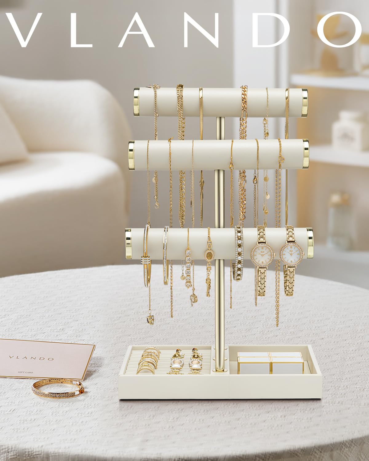 VLANDO 3 Tier Bracelet Holder Organizer with Tray - Leather Jewelry Stand Organizer for Women - Jewelry Holder Display for Necklace, Watches, Rings, Earrings, Bangle, Scrunchie - Cloud White