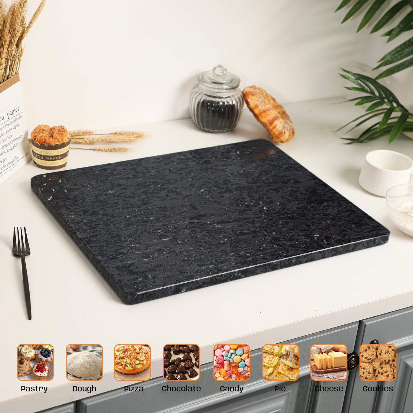 Adolif Black Marble Cutting Board For Kitchen, Large Marble Slab Pastry Board With Non-Slip Feet For Baking, Cheese, Charcuterie, Chocolate, 16x20 Inch, Pack Of 1 Piece