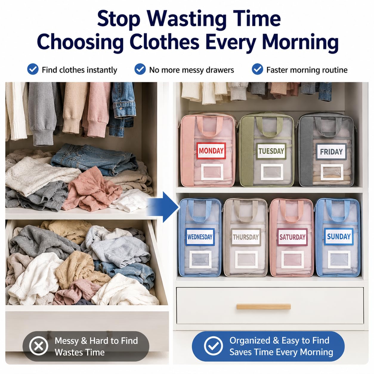 7 Pack Closet Organizer Storage Bags with Day Labels, Weekly Clothing Organization System for Closet & Drawer, Foldable Fabric Storage Cubes for Clothes, Socks, Underwear & Accessories