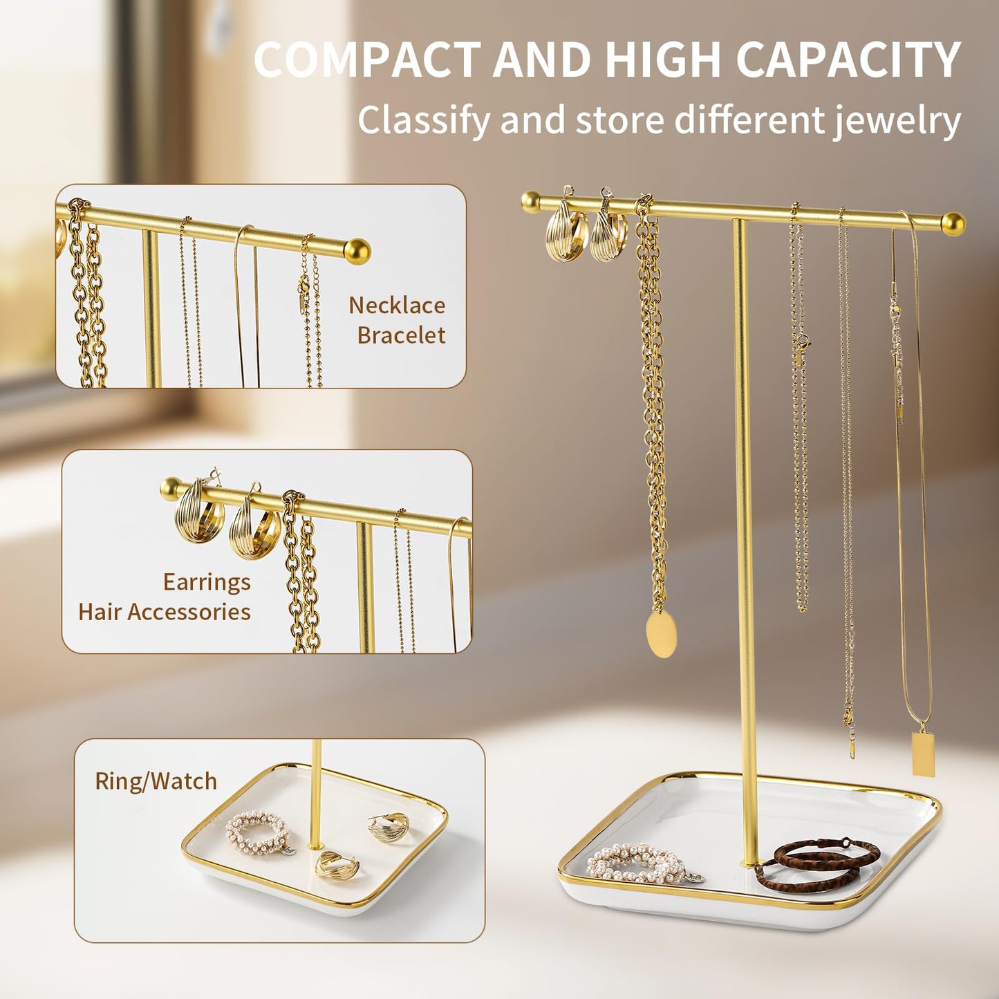 Leijosya modern T-shaped jewelry rack, jewelry tower, gold metal, square ceramic base decoration display tower, necklace, bracelet, ring storage rack (1-layer ceramic disc)