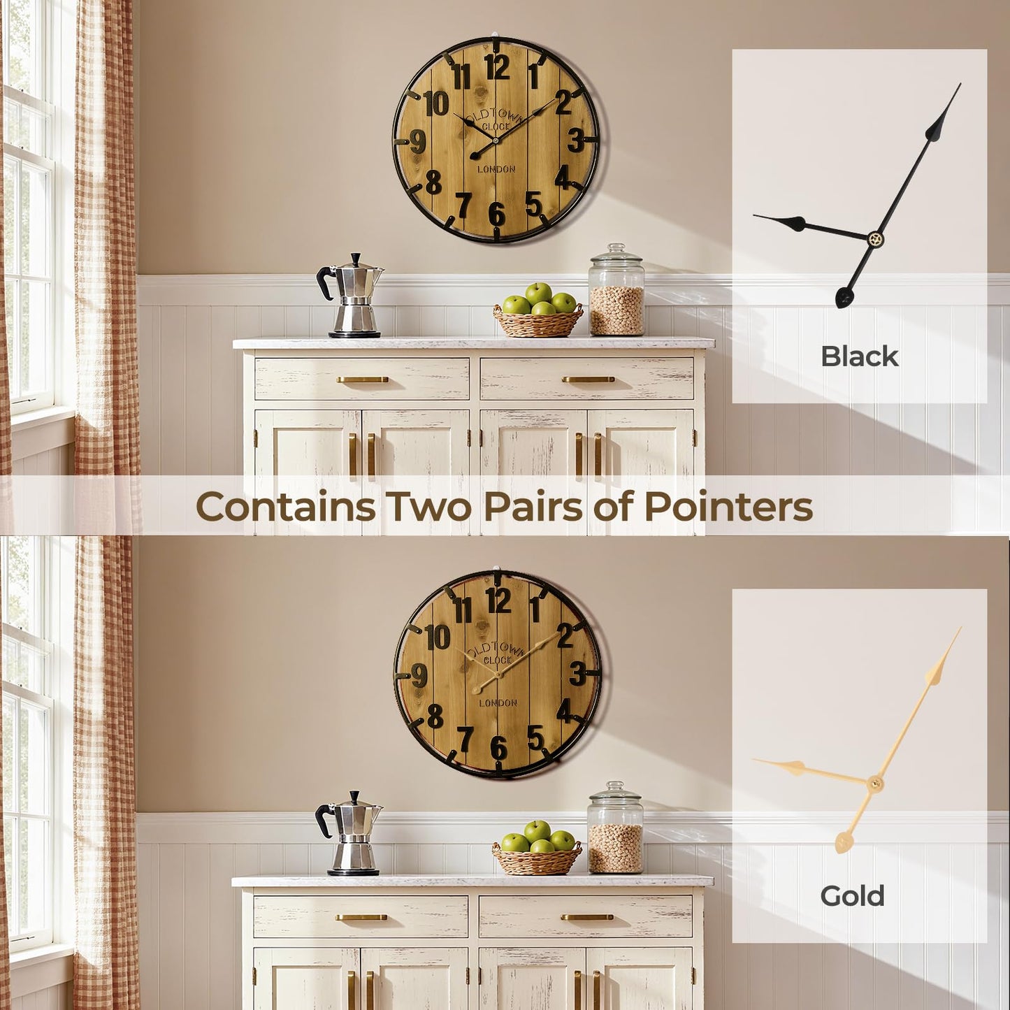 Vantic Farmhouse 24 Inch Extra Large Decorative Wall Clock with Metal Circle, Oversized Wood Wall Clock with Large Arabic Numeral for Living Room, Bedrooms and Offices, Silent and Battery Operated
