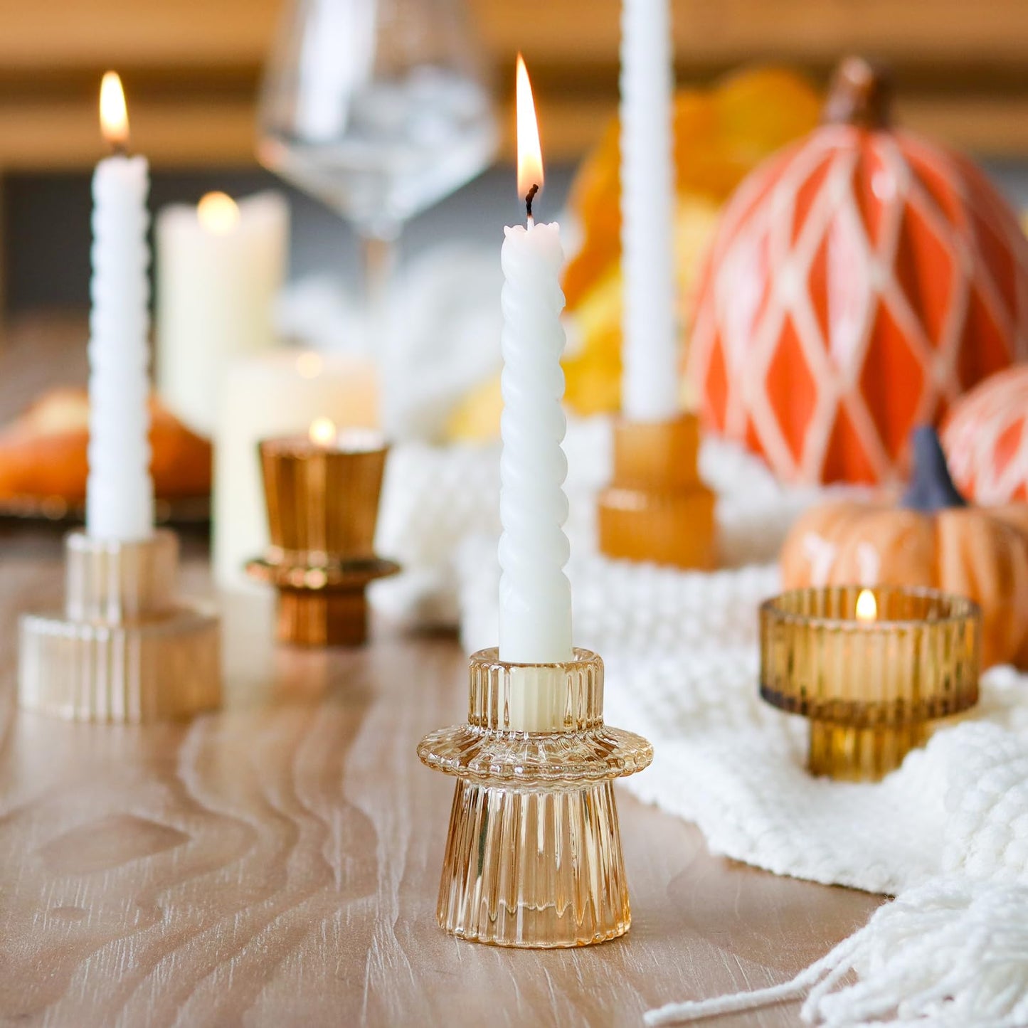 SYFURNIX Gold Candlestick Holders 6PCS for Tealight Candle Stick Candles, Ribbed Glass Taper Candle Holders Set Table Centerpieces for Thanksgiving Christmas Farmhouse Decor Indoor and Outdoor