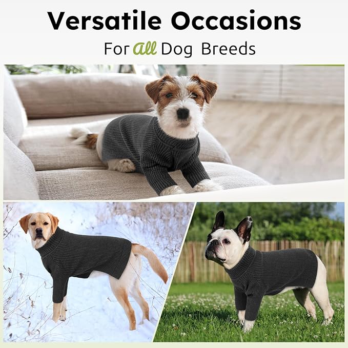 Queenmore Turtleneck Long Sleeve Knitted Sweater with Check Pattern, Fall Winter Warm Sweaters for Small Medium Large Dogs and Cats, Solid Pull-on Pet Sweater, Charcoal Gray M