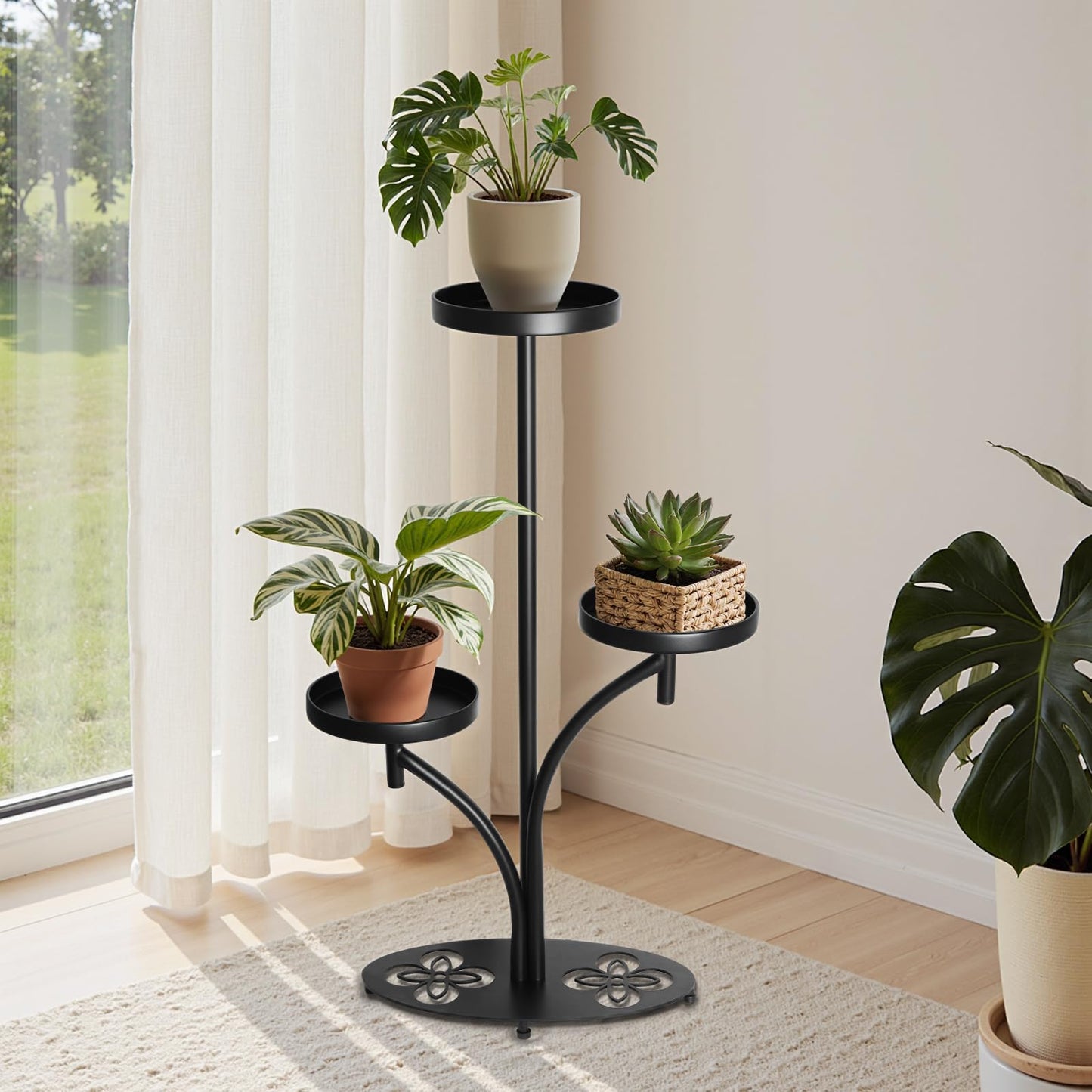 XZHXZH, 3 Tier Metal Plant Stand Indoor Outdoor, Tall Black Plant Shelf, Heavy-duty Base in the Shape of a Four-leaf Clover, Tiered Modern Corner Shelf, Suitable for Courtyard, Patio, Living Room, Bedroom