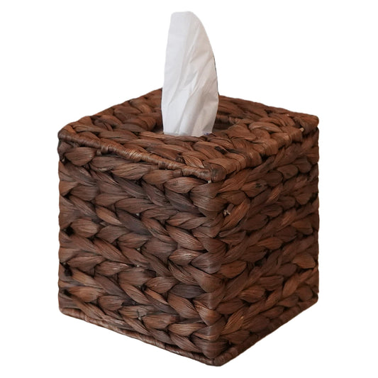 Water Hyacinth Handwoven Tissue Box Cover, Handcrafted Square Facial Tissue, Natural Handmade Wicker Napkin Box Holder, Rustic Decorative on Table and Bathroom, Office, Boho Decorative, Coffee