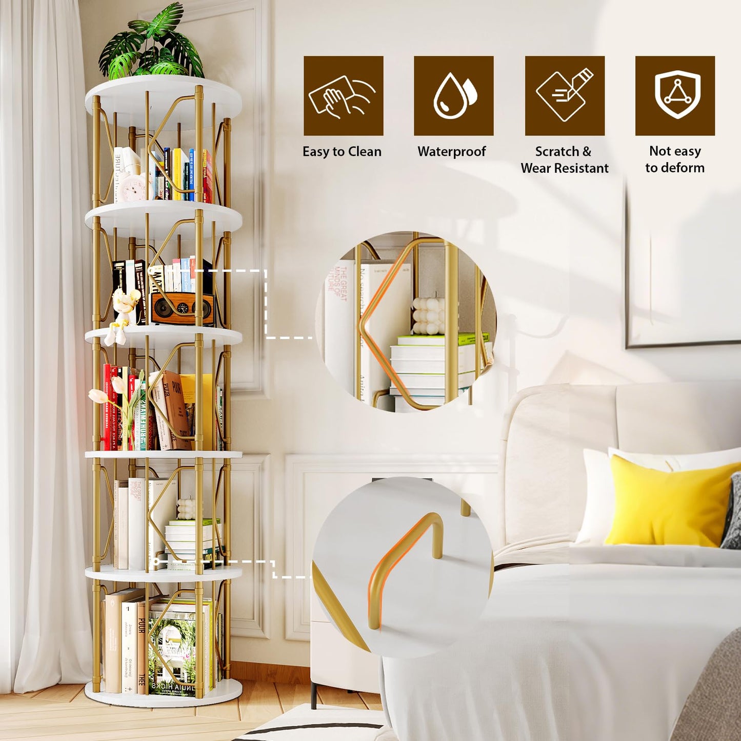 5 Tier Rotating Bookshelf Tower, Revolving Bookcase, 360° Round Spinning Book Shelf, Narrow Swivel Bookshelves Vertical Turning Corner Bookshelf Organizer for Bedroom, Living Room, Gold & White