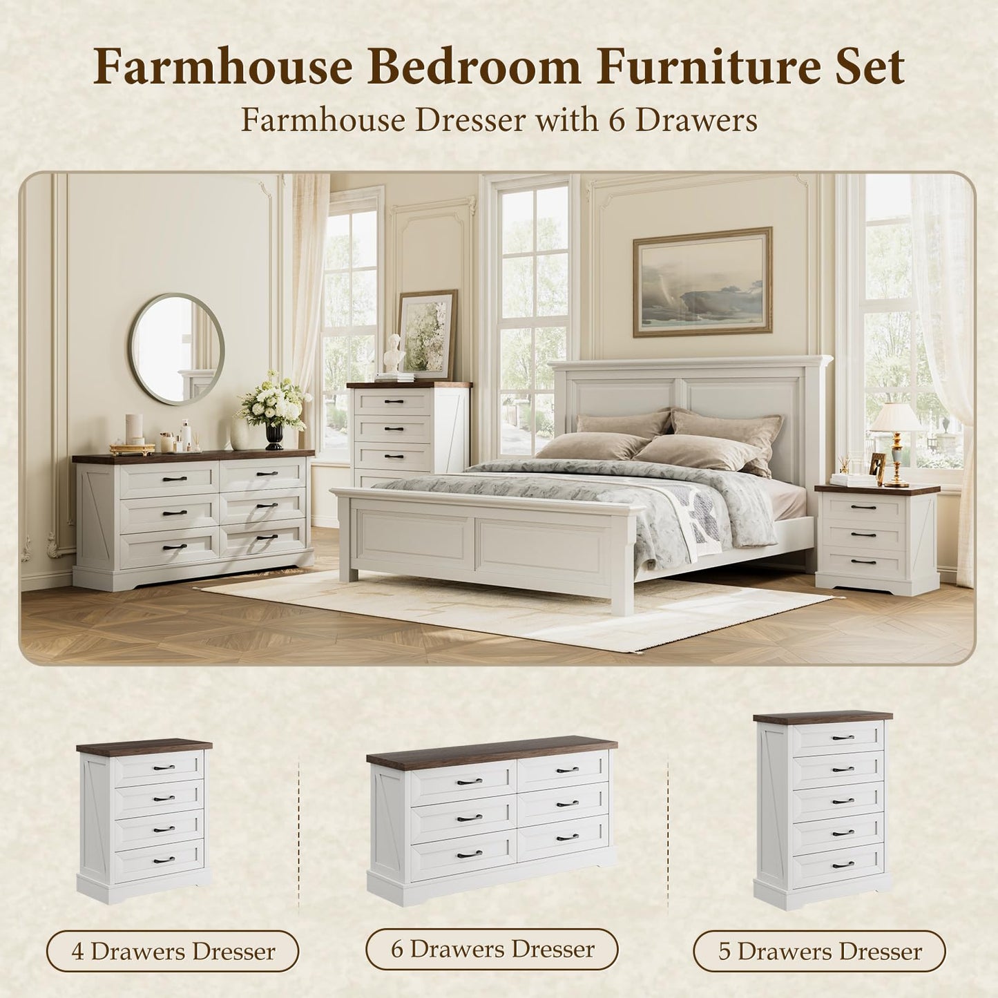 AODK Farmhouse 6 Drawer Dresser for Bedroom, White 59" Wide Engineered Wooden Chest of Drawers with Thick Board, Metal Handles, Modern Storage Cabinet for Living Room, Entryway, Walnut Top