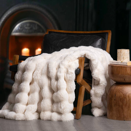 EverGrace Ultra Soft Luxury Fluffy Faux Rabbit Fur Throw Blanket, Thick Warm Bubble Throw for Bed, Cozy Plush Reversible Blankets for Couch, Chair, Sofa, Ivory White, 50x60 Inches