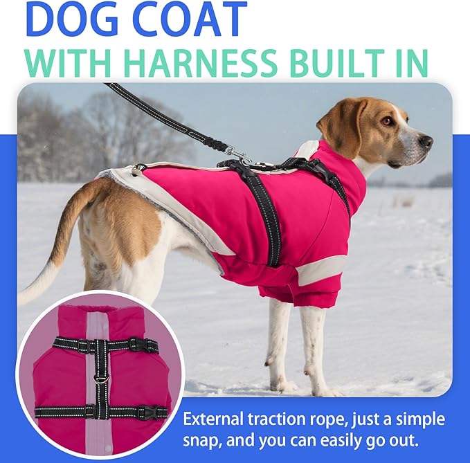 MIGOHI Rainproof Dog Winter Jacket with Harness,XXL Large Fleece Dog Coat with Sleeves,Adjustable Pet Puffer Jacket Snowsuit Cold Weather Coats for Golden Labrador Retriever,XXL,Rosered