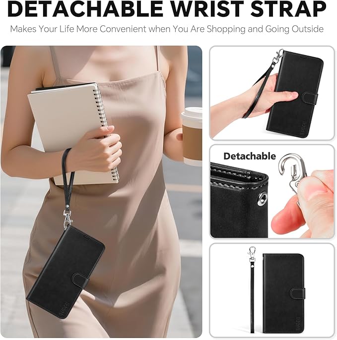 TUCCH 2-in-1 Detachable Wallet Case for iPhone 17 (6.3-inch) 2025, Wireless Charging | RFID Blocking 4 Card Holders | Wrist Strap | Kickstand | Magnetic | PU Leather | Protective Flip Cover | Black