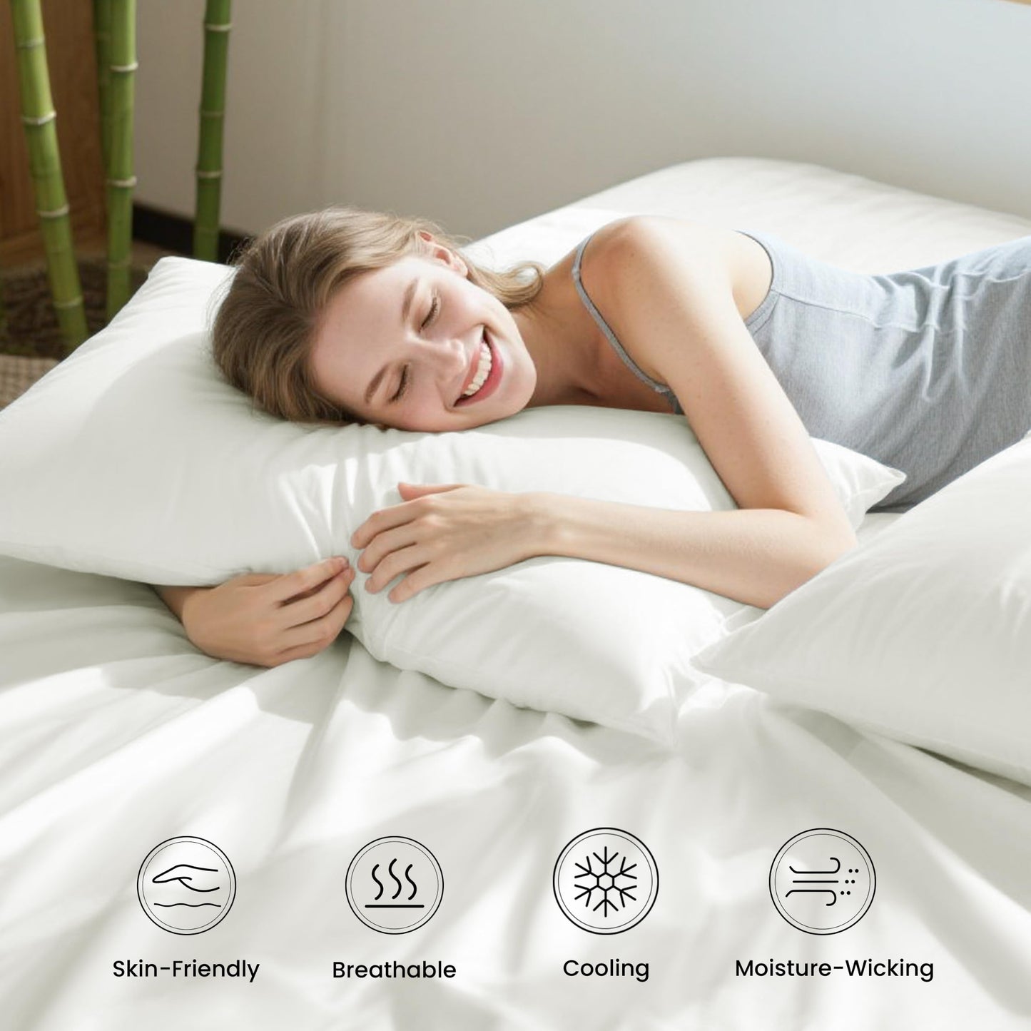 Love's cabin 4 Piece Queen Sheet Set, 100% Rayon Derived from Bamboo, Cooling & Breathable, Soft Silky Deep Pocket up to 16", Hotel Luxury Bedding for Hot Sleepers, White