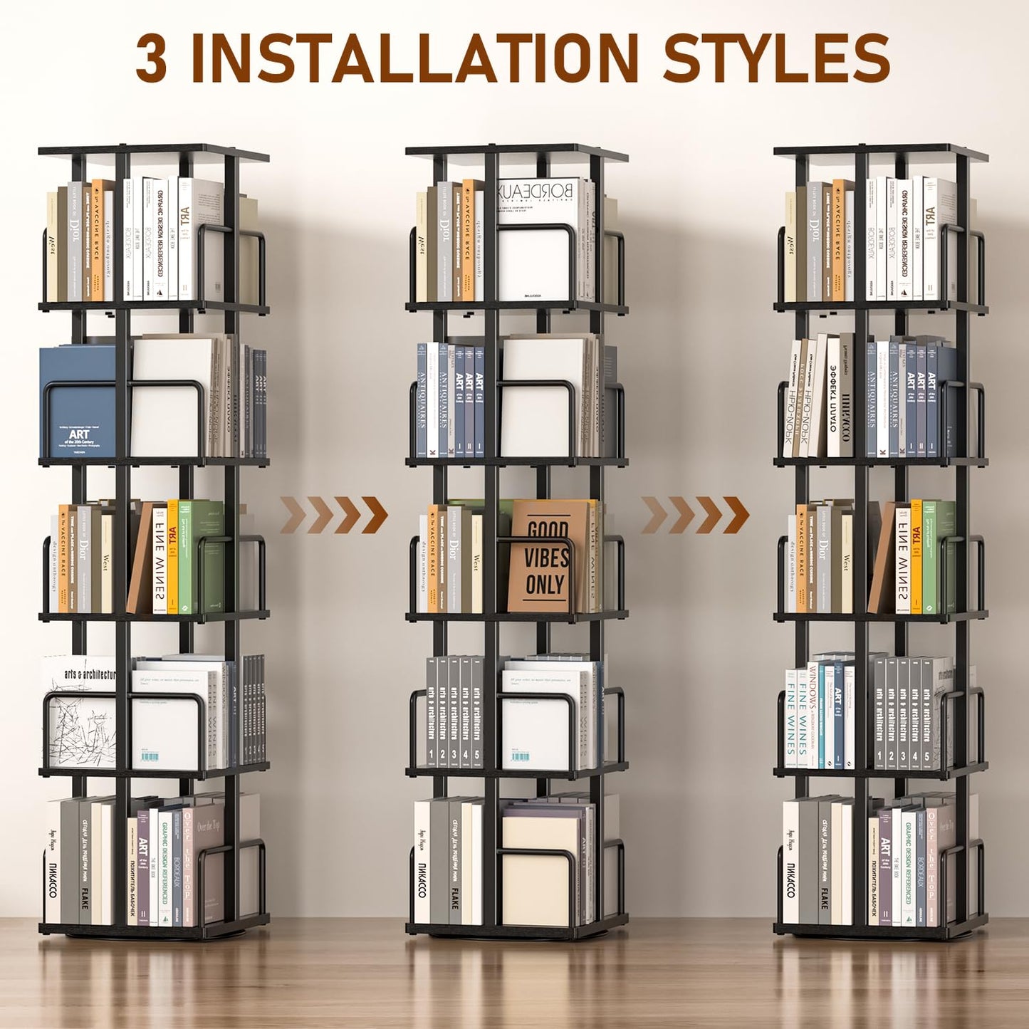 5-Tier Rotating Bookshelf, 360° Spinning Corner Bookcase with Metal Guardrails, Freestanding Industrial Book Shelf Tower, Space Saving Display Rack for Living Room, Bedroom, Home Office, Rustic Brown