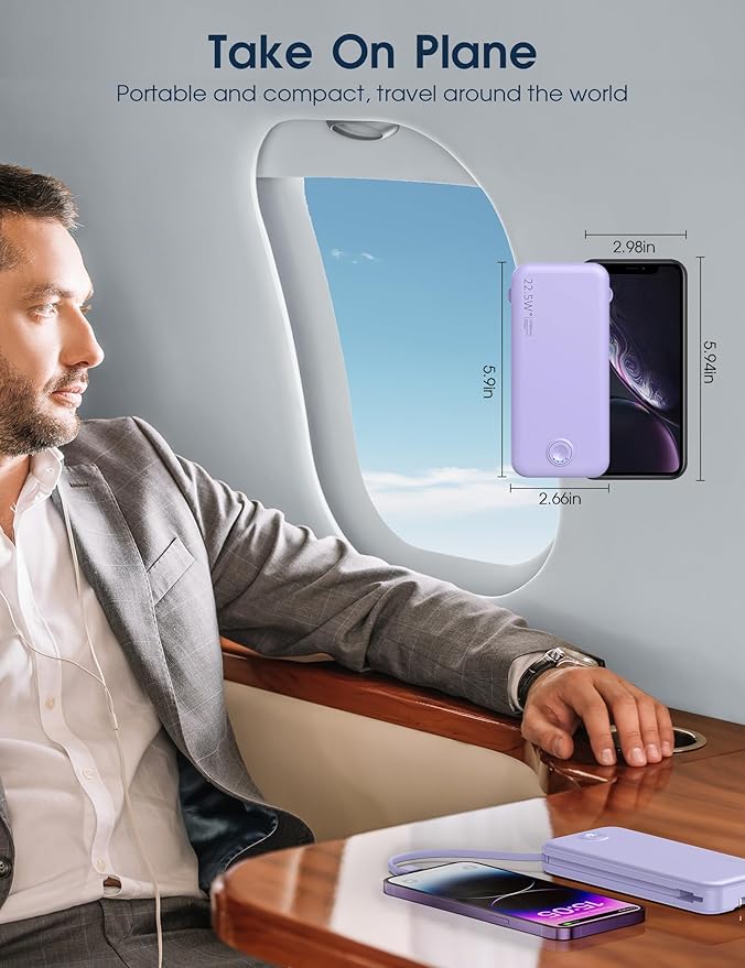 Portable Charger, 12000mAh 22.5W Fast Charging Power Bank with Built-in Cables & Wall Plug, Travel Essential External Battery Pack, USB C Battery Phone Charger for iPhone, iPad, Samsung Purple