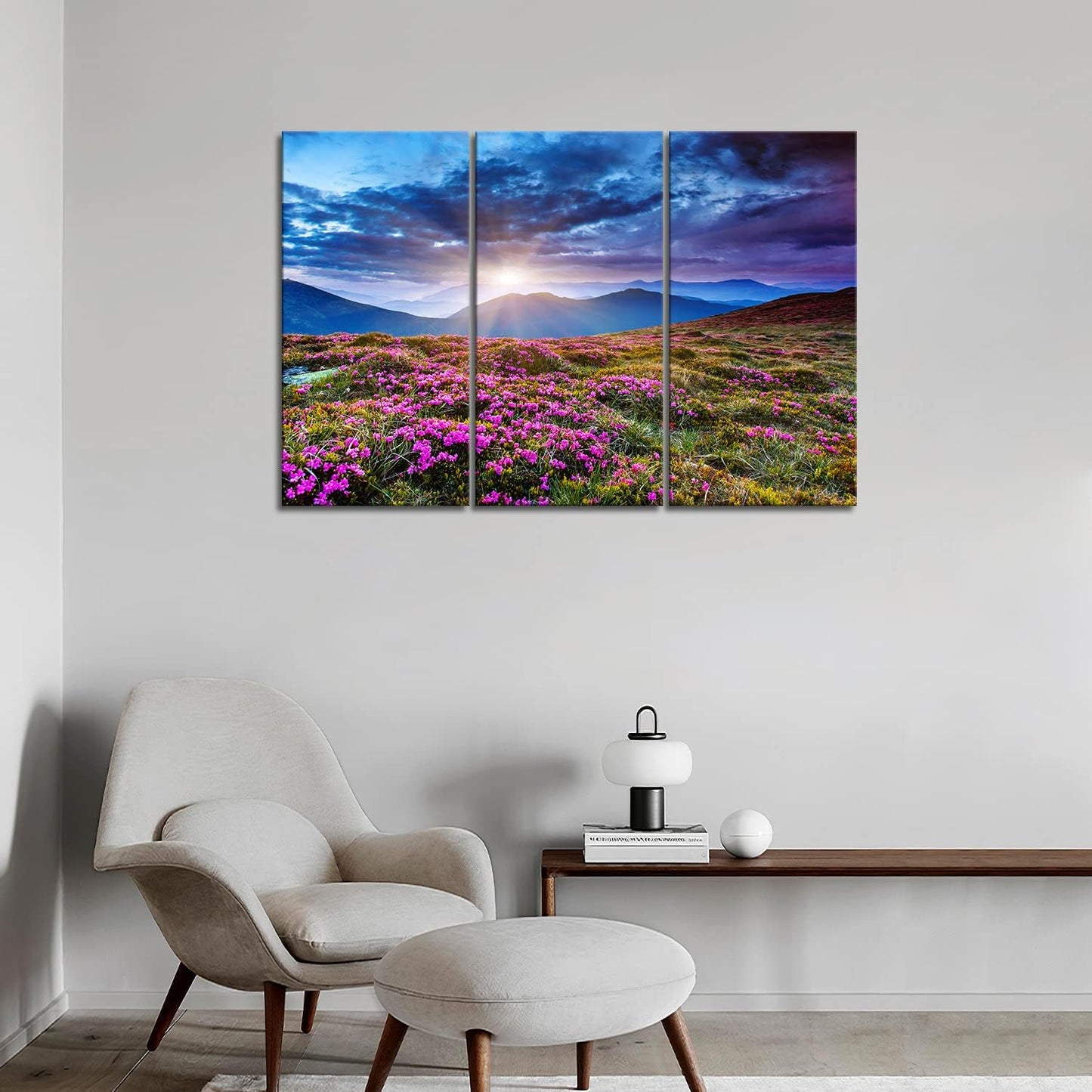 3 Panel Wall Art Mountain Landscape Spring Canvas Sunrise Blue Skyline Purple Flowers Picture Print On Canvas Art for Living Room Kitchen Home Decor