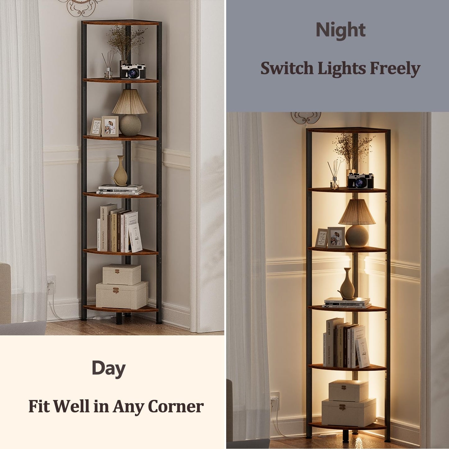 Furnulem 6 Tier Corner Shelf with LED Light, 67.5” Tall Standing Shelf Organizer, Narrow Bookshelf with Storage Rack for Wall Corner, Living Room, Bedroom, Metal Frame, Wood Display Shelf