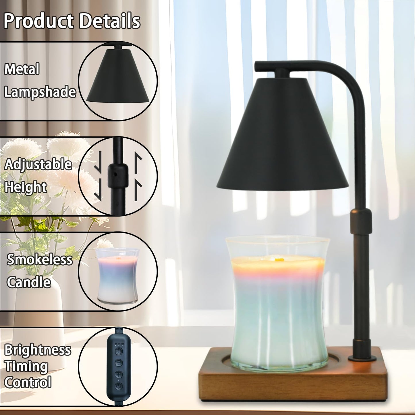 Candle Warmer Lamp with Timer for Women Candle Warmer Height Adjustable, House Warming Gifts New Home Decor, Wax Melt with 2 Bulbs 1-Black