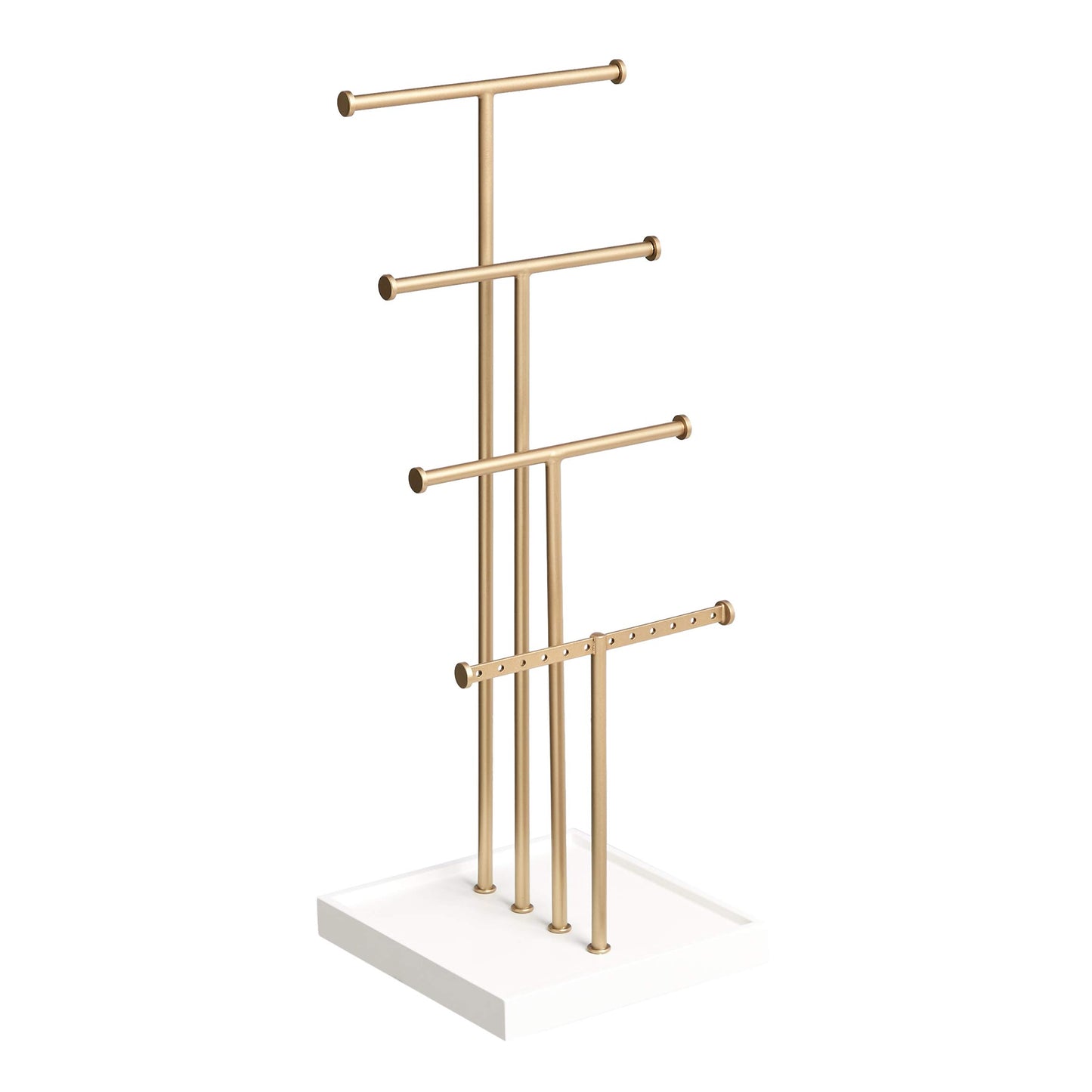 Amazon Basics Four-Tier Jewelry Organizer Tree Stand, Necklace Earring Bracelet Holder with Ring Storage, White/Brass