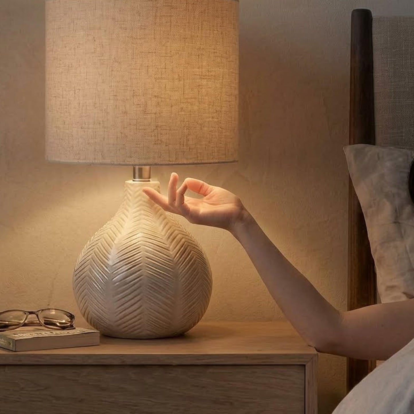 Signature Design by Ashley Rainermen Casual Ceramic Table Lamp, Transparent White Glaze Finish, Drum Hardback Fabric Shade, 11" W x 11" D x 21" H, Off White