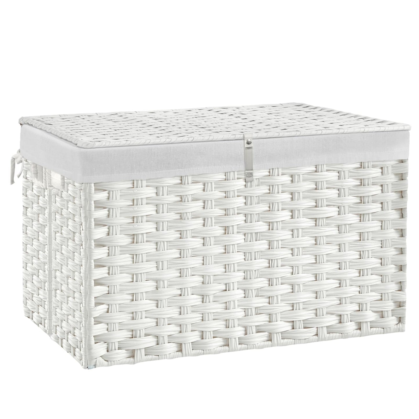 180L Wicker Storage Basket with Lid, Handwoven Rattan Large Shelf Basket with Removable Liner, 47.6 Gallon Wicker Basket for Blanket, Storage Trunk with Handle for Closet, Bedroom, Livingroom, White