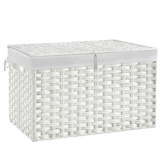 180L Wicker Storage Basket with Lid, Handwoven Rattan Large Shelf Basket with Removable Liner, 47.6 Gallon Wicker Basket for Blanket, Storage Trunk with Handle for Closet, Bedroom, Livingroom, White