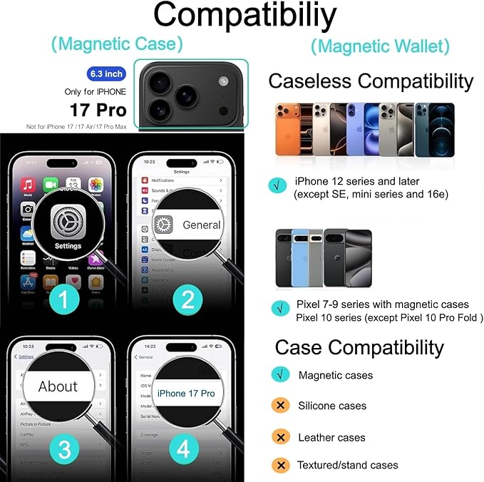 Ntwinro Magnetic for iPhone 17 Pro Case (Compatible with MagSafe) with Detachable Wallet & Card Holder for 3 Cards [RFID Blocking] Military Grade Protective Slim Phone Cover, Black