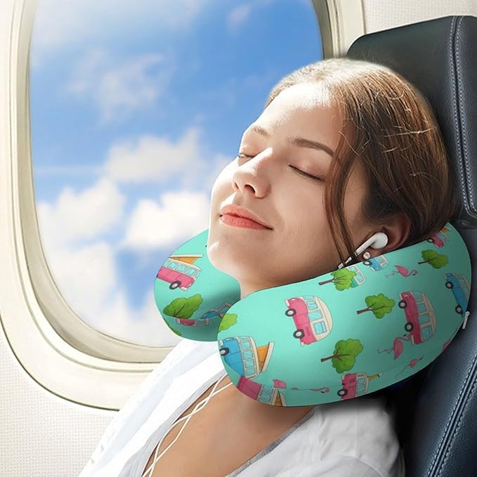 Travel Neck Pillow Memory Foam U Shaped Cushion Happy Camping Flamingo Mint Green, Washable Cover for Airplane Car Office Home Sleeping Pain Relief