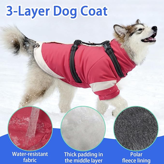 MIGOHI Thermal Large Dog Coat with Harness Waterproof Jacket for Large Dogs,Thick Dog Winter Coat,Snow Jacket for Dogs Windproof for Hunting Camping Chilly Days,Doberman,Great Dane,XXXL,Pink