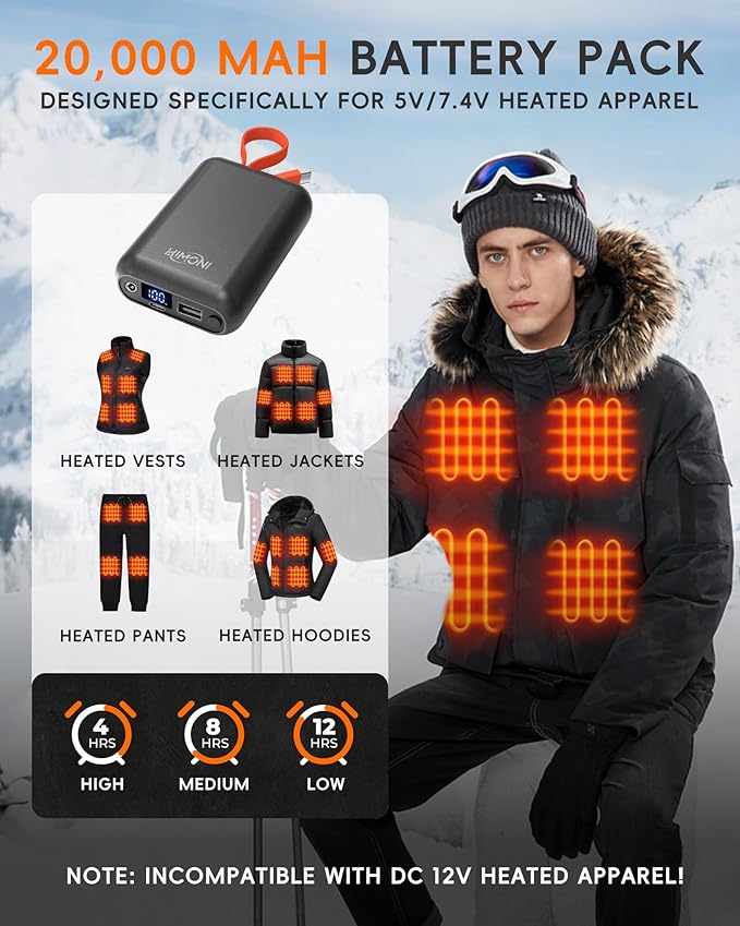 𝟕.𝟒𝐕/𝟱𝗩 𝟮𝗔 𝟯𝗔 𝟮𝟬𝟬𝟬𝟬𝗺𝗔𝗵 Heated Vest Battery Pack for ORORO, Venustas, Tidewe, Power Bank with LED Display for Heated Vest Jacket Pants Gear Chair Seats Blanket