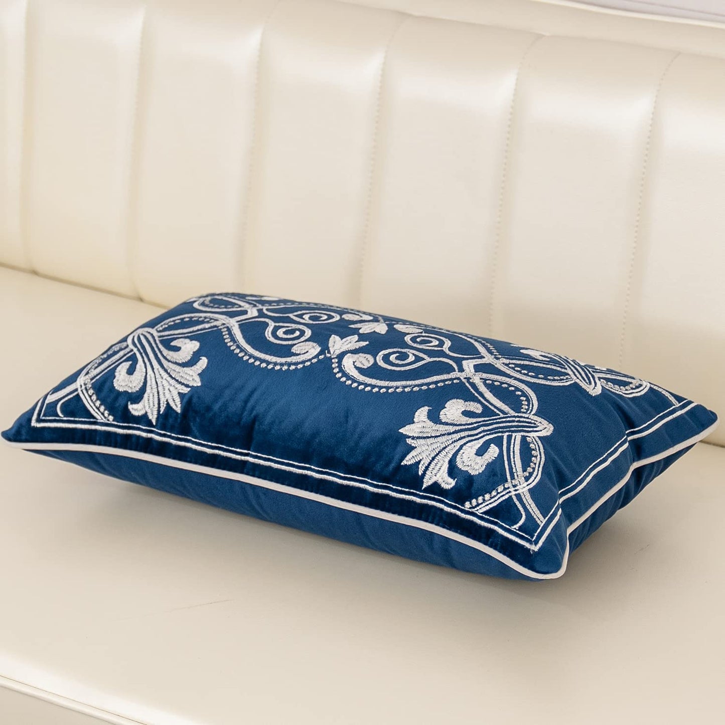 Aeckself European Floral Pillow Cover 12x20 Inch, Luxury Velvet Embroidered Decorative Lumbar Throw Pillow Cover for Couch Bedroom Living Room, Navy Blue and White