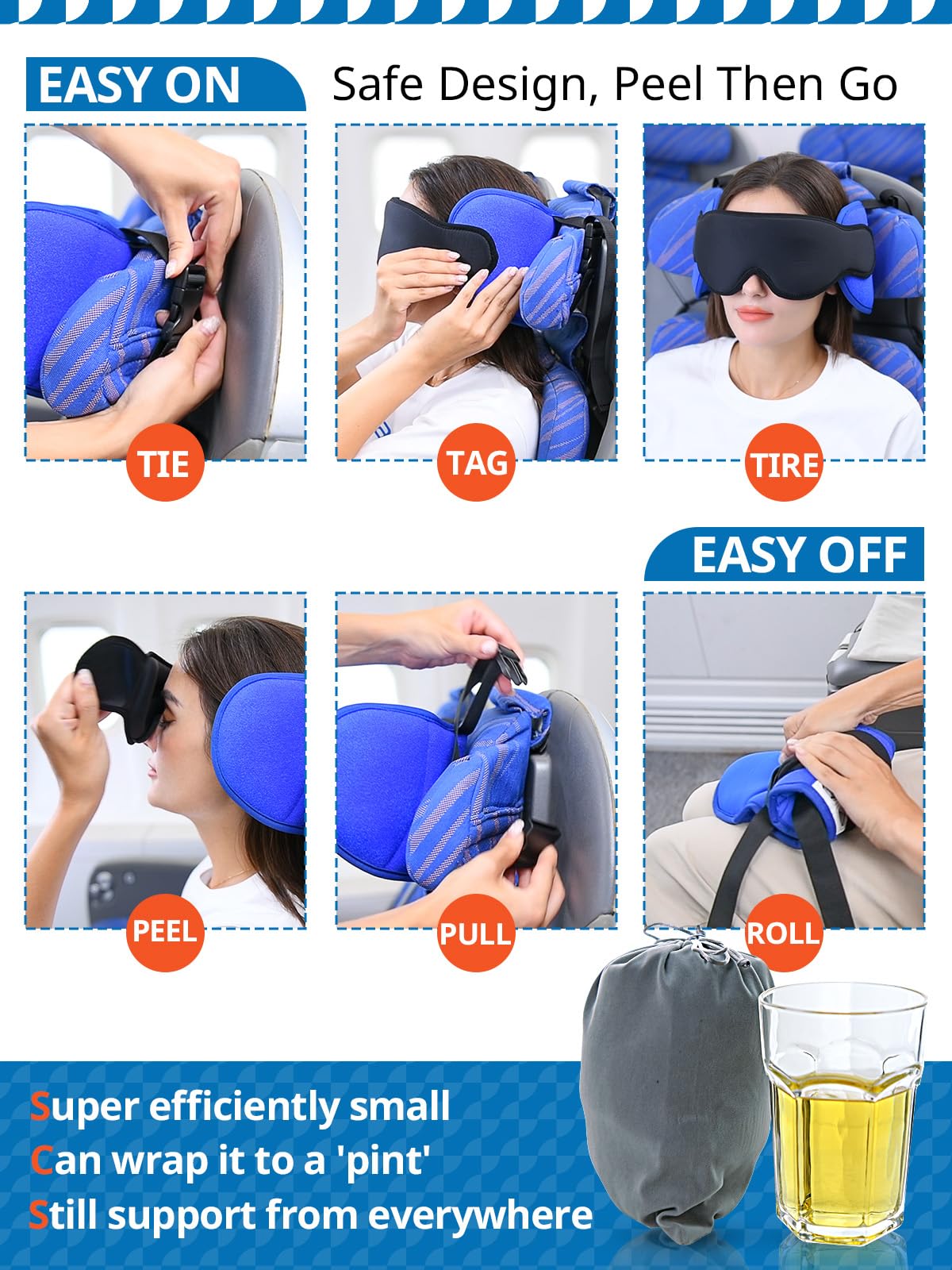 SARISUN Travel Pillows for Airplanes, 2pcs Airplane Pillows for Long Flight with Sleep Eye Mask, Plane Head Strap for Road Trip, 360° Support for Sleeping, Stop Bobblehead Travel Essentials, Black
