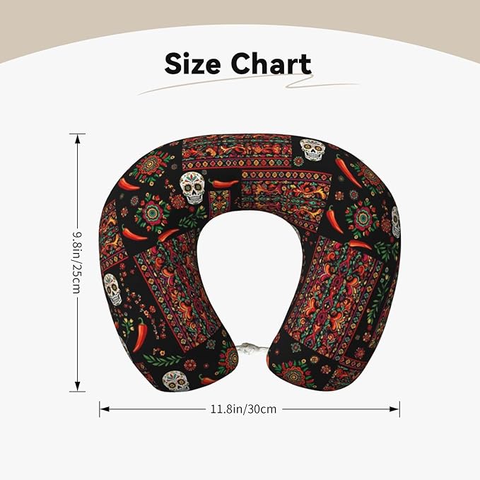 Funny Neck Pillow Support for Car Flight Rest Mexican Style Sugar Skull Traditional Paisley, Memory Foam U Shaped Decor Head Cushion for Home Outdoors Travel