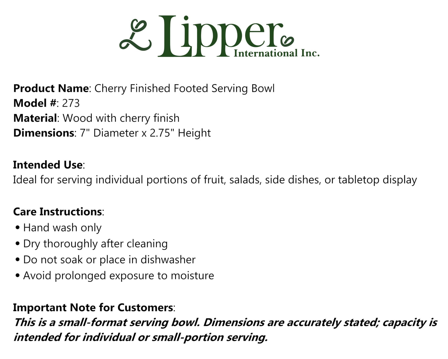 Lipper International Cherry Finished Footed Serving Bowl for Fruits or Salads, Small, 7" Diameter x 2.75" Height, Single Bowl