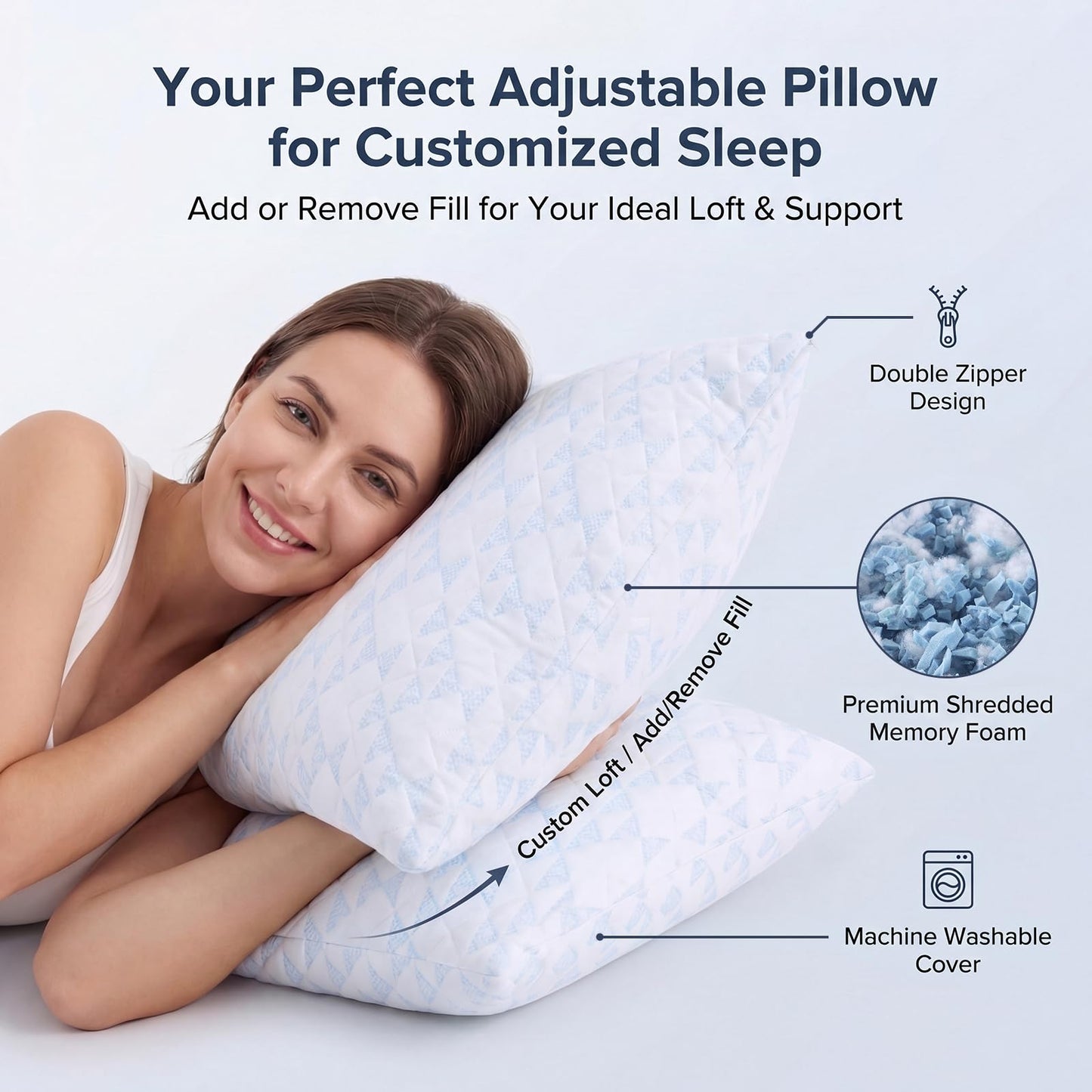 Meoflaw Adjustable Memory Foam Bed Pillows:Queen Size Shredded Foam Pillow Set of 2 for Sleeping with Removable & Washable Pillowcase for Back,Side & Stoamch Sleeper-Medium Firm