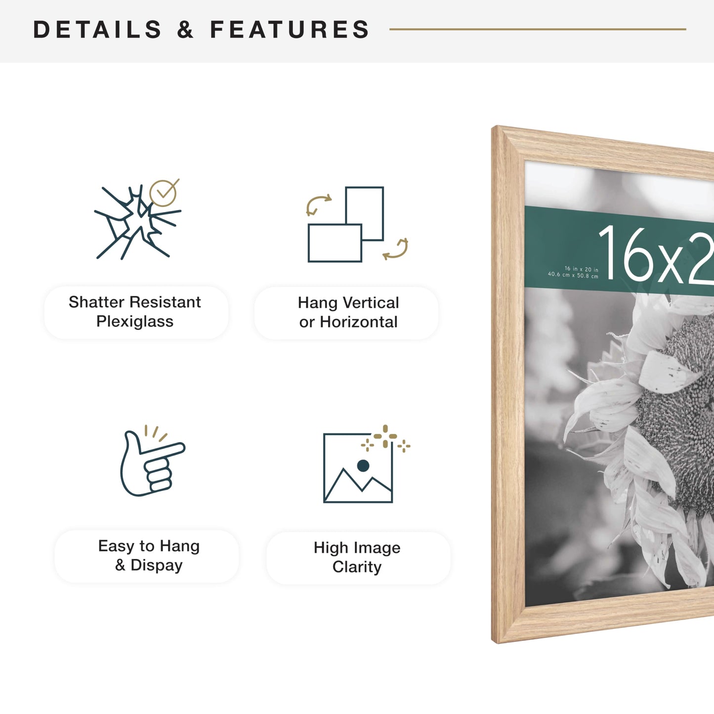 MCS Studio Gallery Classic 16x20 Poster Frame Natural Woodgrain Engineered Wood, Vertical & Horizontal Wall Hanging Large Picture Frame for Photos, Posters & Art Prints (1-Pack)