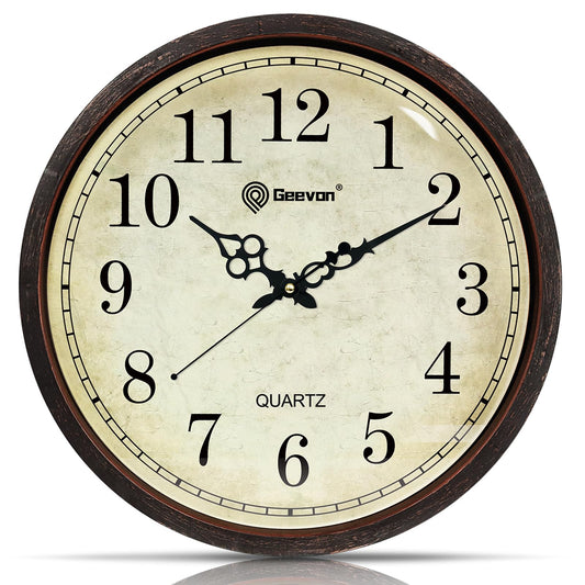 Geevon Vintage Brown Wall Clock, Silent 16" Non Ticking Wall Clock Battery Operated Retro Rustic Style Round Clock Decorative for Kitchen,Classroom,Bedroom,Living Room Decor