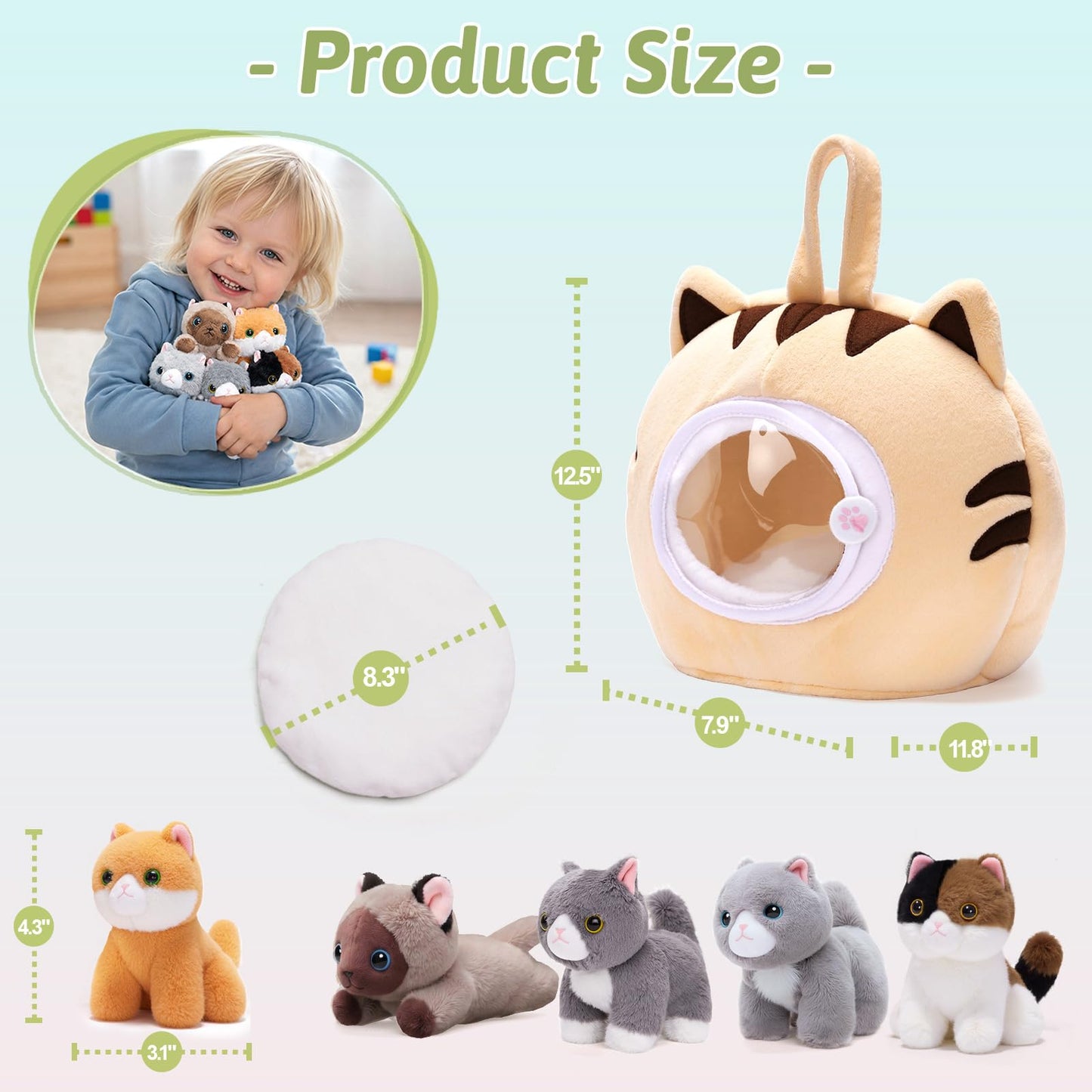 OUOZZZ Cat Stuffed Animal House with 5 Soft Cat Toys for Kids, Portable Gift Set