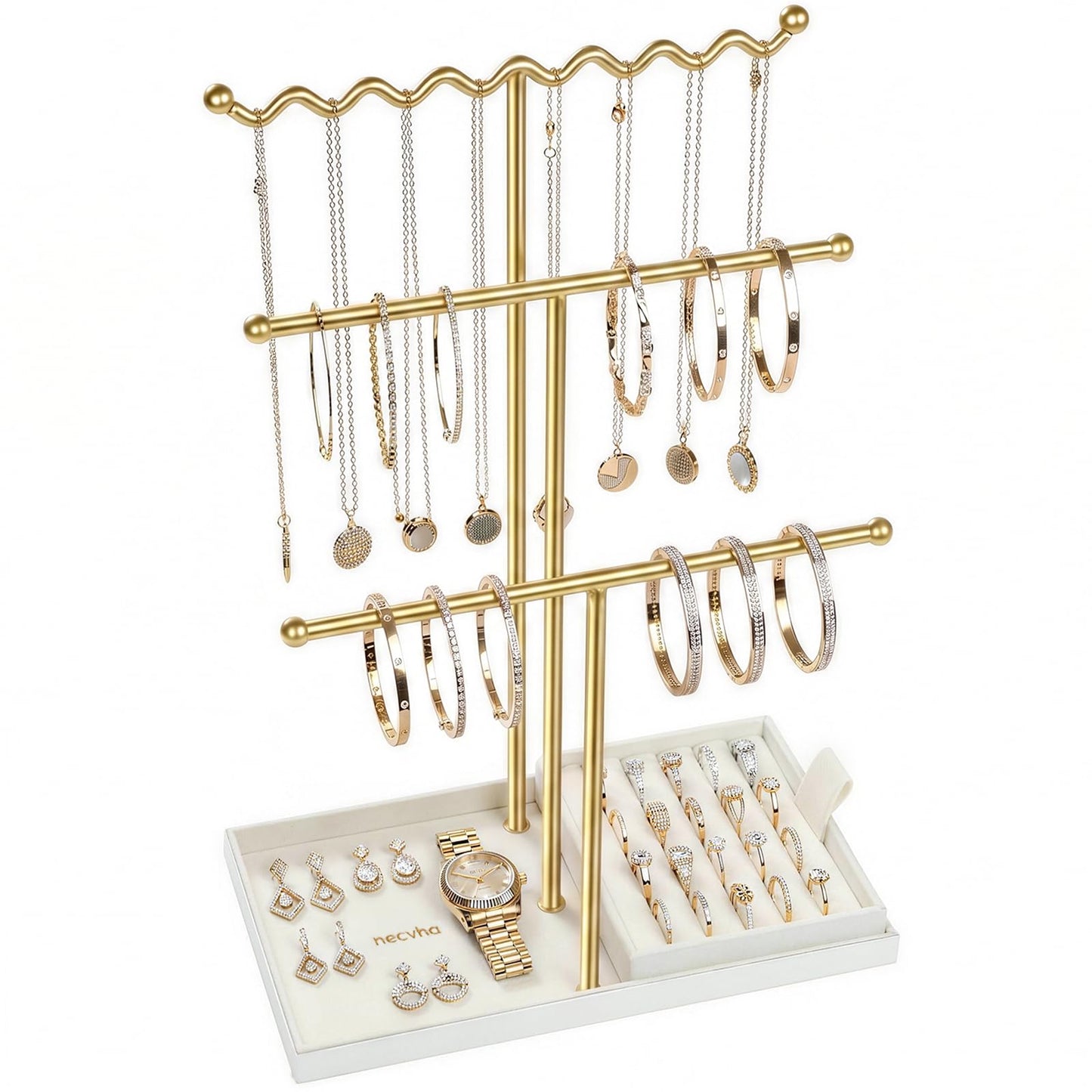 necvha Jewelry Stand Holder Organizer, 3 Tier Bracelet Holder Display with Detachable Velvet Tray, Elegant Jewlery Tower for Display Bracelet, Necklace, Earrings, Rings (Beige)