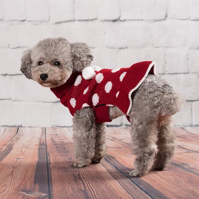 KYEESE Dog Sweater Dress with Leash Hole Turtleneck Dog Sweaters for Girl Medium Dogs Polka Dot Knit Pullover Warm Pet Sweater for Fall Winter