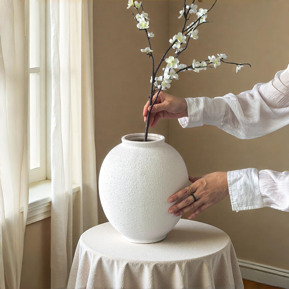 White Ceramic Vase, 9.8" Large, Round, Sandstone White