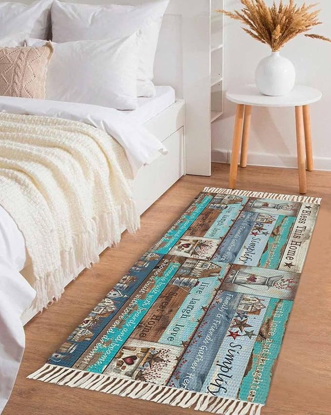 Turquoise Blue Brown Runner Rug 2X4 Ft Entryway Outdoor Indoor Mat, Washable Woven Vintage Barn Rustic Cabin Throw Carpet with Tassel, Non-Shedding Country Star Farm Wooden Plank Hallway Bath Mats