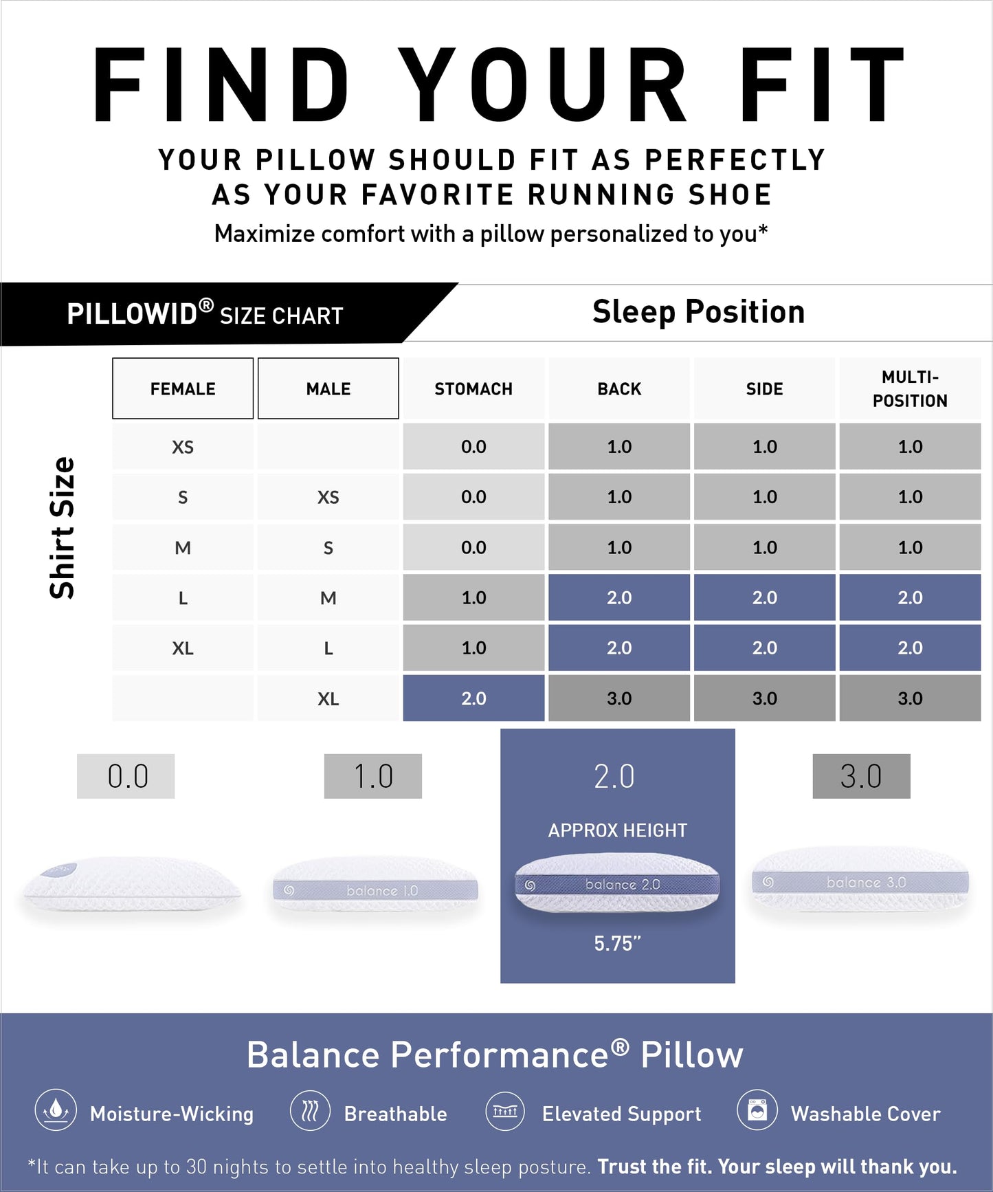 Bedgear Balance Performance Pillow – 2.0 - Moisture Wicking Bed Pillow for All Sleep Positions - Medium Firmness Bed Pillow - Washable Removable Cover – 20" W x 26" L x 5.75" H