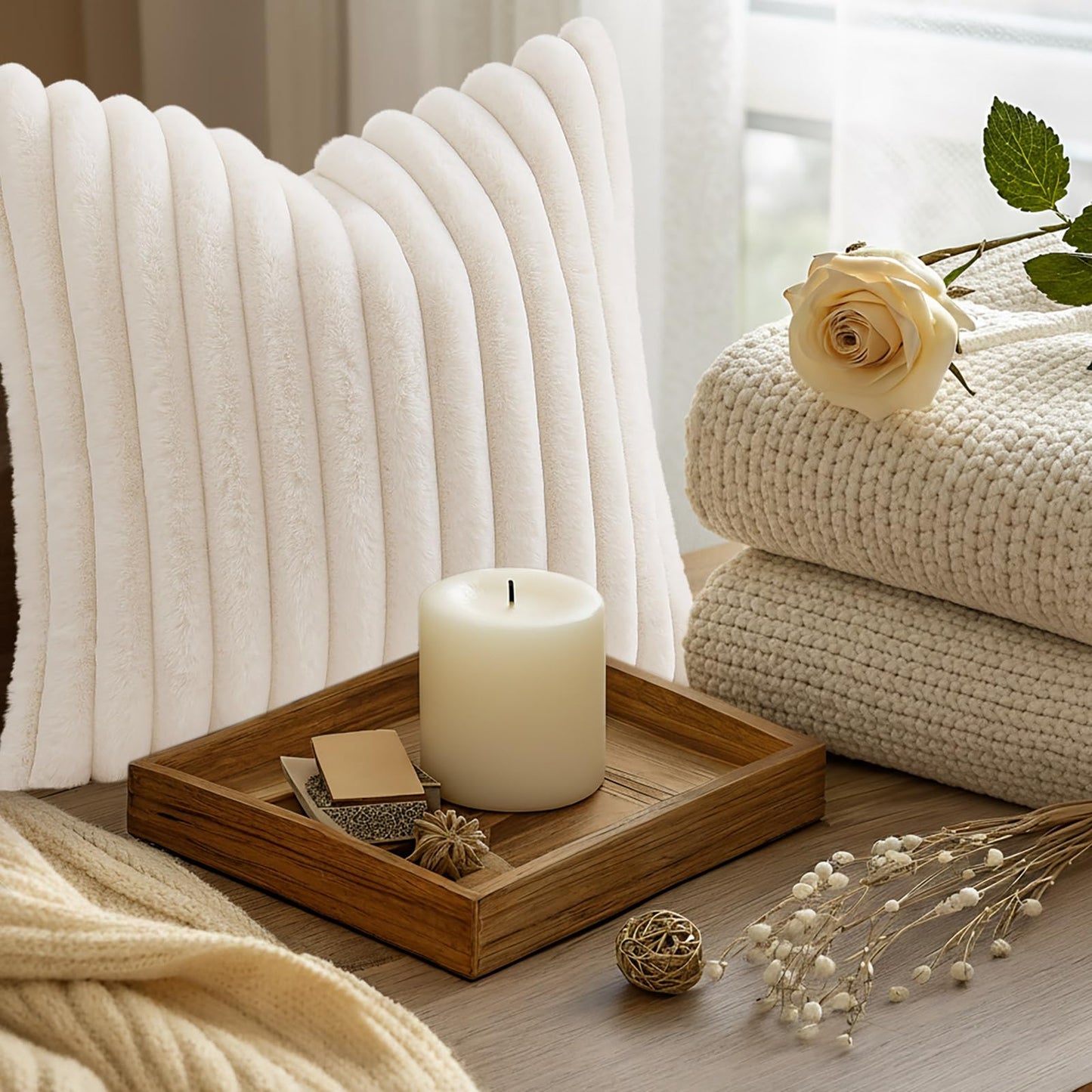 decorUhome Summer Cozy Faux Fur Throw Pillow Covers 12x20 Set of 2 Decorative Soft Plush Striped Lumbar Modern Farmhouse Boho Couch Pillow Cases with Velvet Back for Sofa Bed Living Room, Cream White