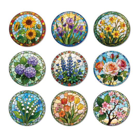 ANATTASOUL Coasters Set of 9 Flowers and Stained Glass Pattern Colorful Wooden Coasters Bulk Round Housewarming Gift for New Home, 3.9" Decorative Coffee Table Protection for Farmhouse Bar Decor
